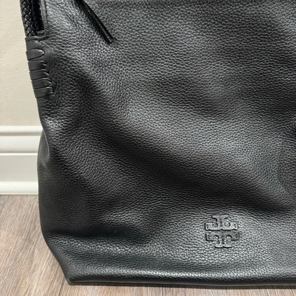 Tory Burch Taylor Logo Large Pebble Black Leather Hobo Shoulder Bag